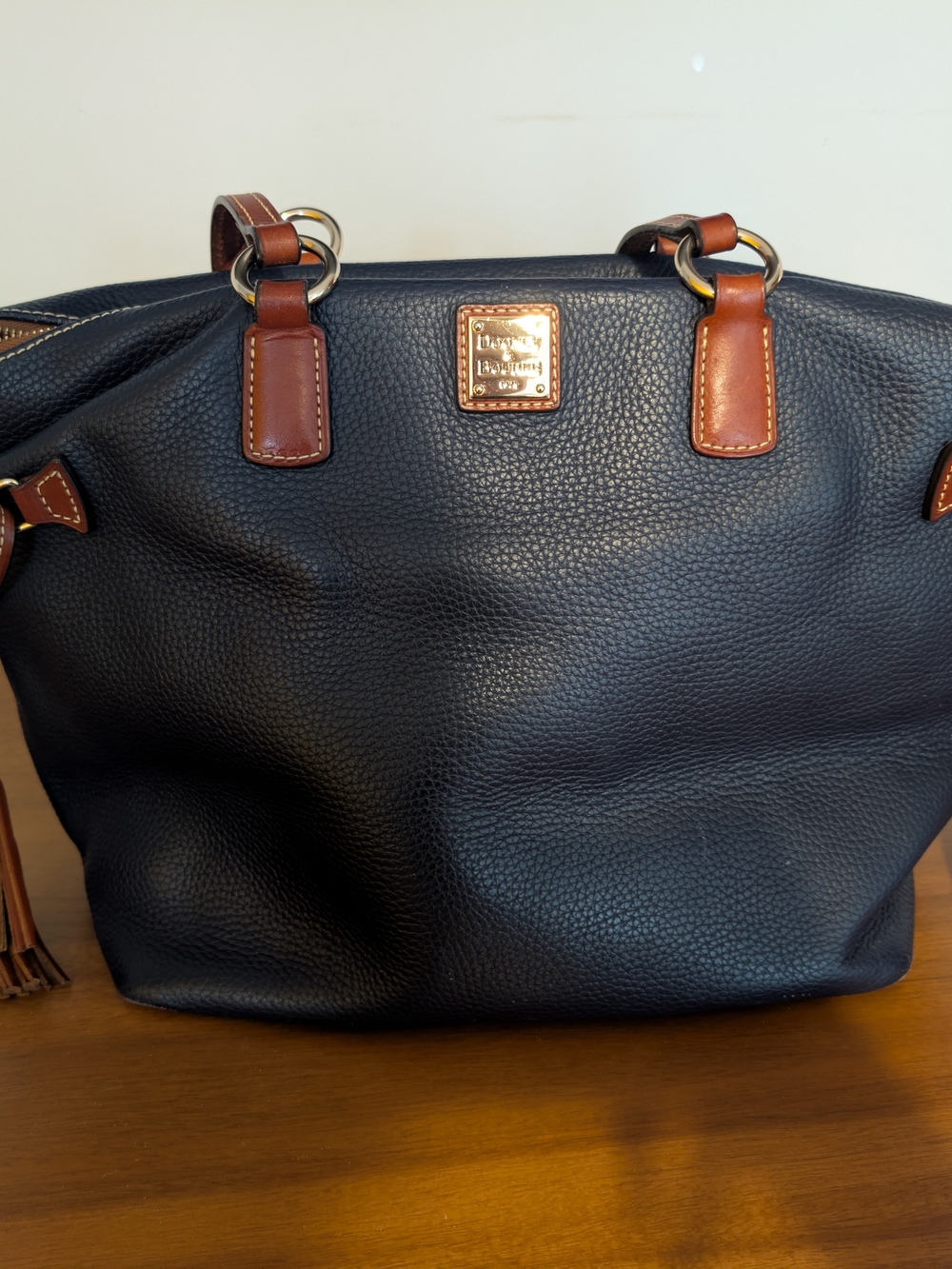 Dooney & Bourke Navy Leather Tote with Brown Trim